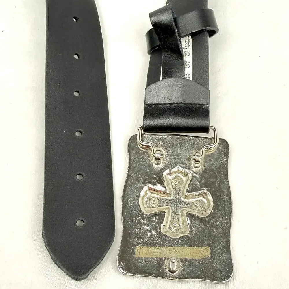 Vintage Express Leather Belt Rhinestone Cross Buckle Y2K Whimsygoth L